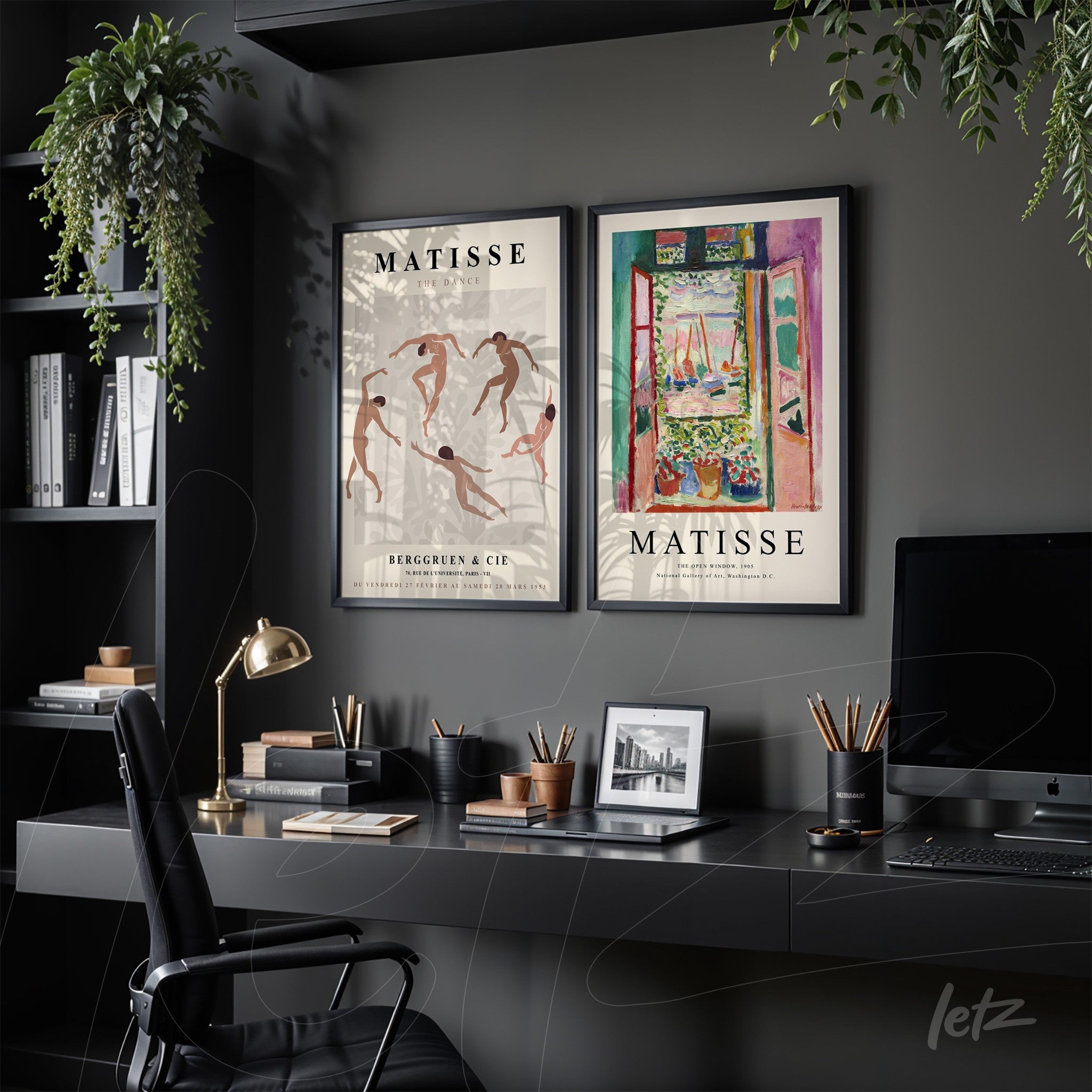 framed decorative art pieces inspired by matisse in black frames displayed on gray wall in a modern office setting