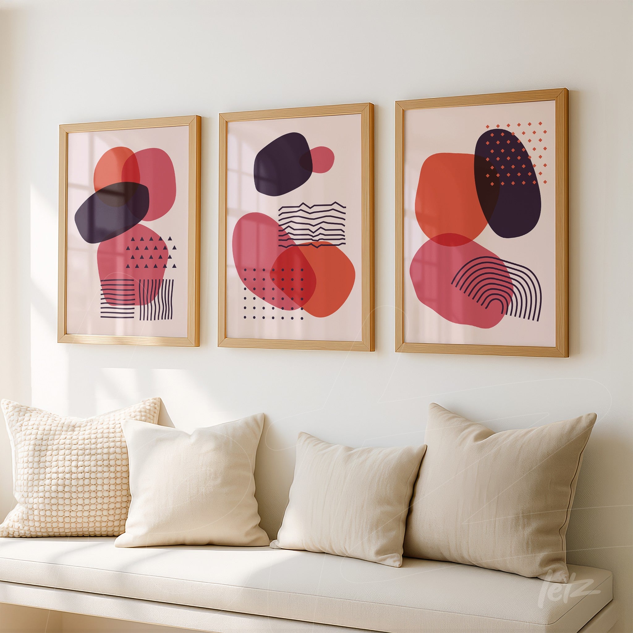 set of three abstract art prints in light wood frames displayed above beige sofa