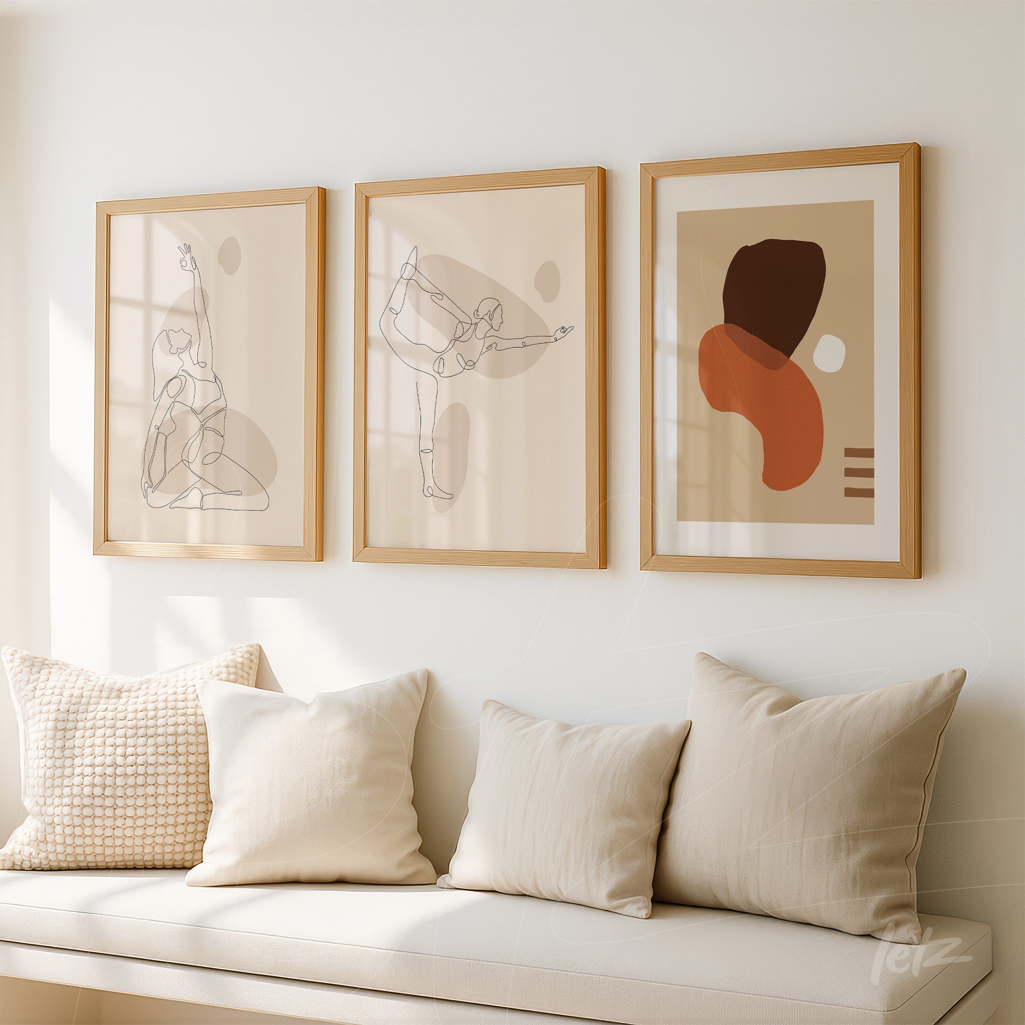 three framed artworks featuring minimalist line art of human figures in yoga poses and abstract shapes, set in light wood frames against a white wall