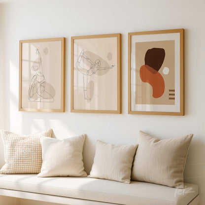 three framed artworks featuring minimalist line art of human figures in yoga poses and abstract shapes, set in light wood frames against a white wall