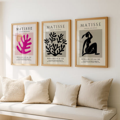 set of three framed artworks by Matisse displayed on a white wall, featuring a pink hand, coral leaves, and a black female figure