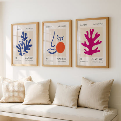 collection of three vibrant wall art pieces in light wood frame featuring abstract coral shapes and a stylized face on a light background