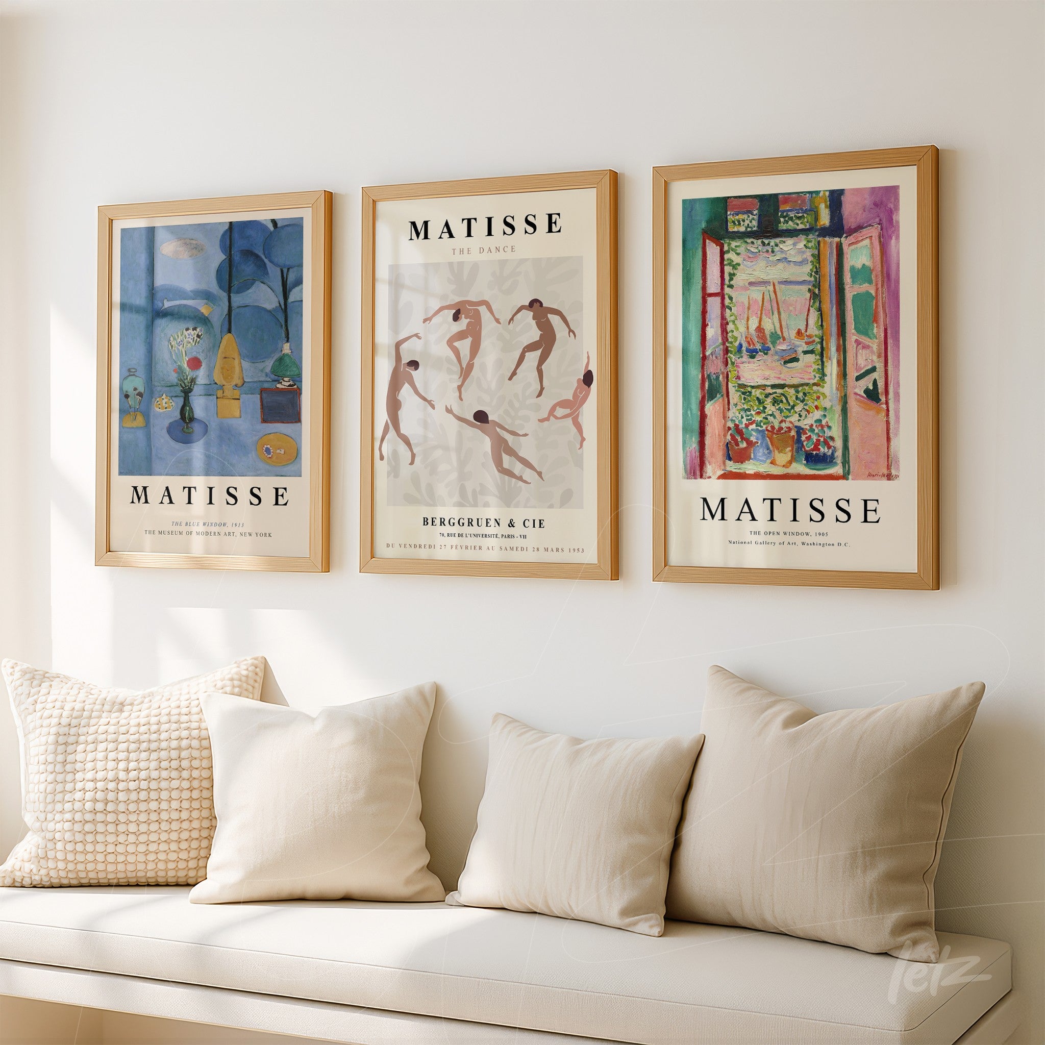 composition of three framed wall art pieces by Matisse in gold frames on light wall, featuring vibrant and colorful scenes