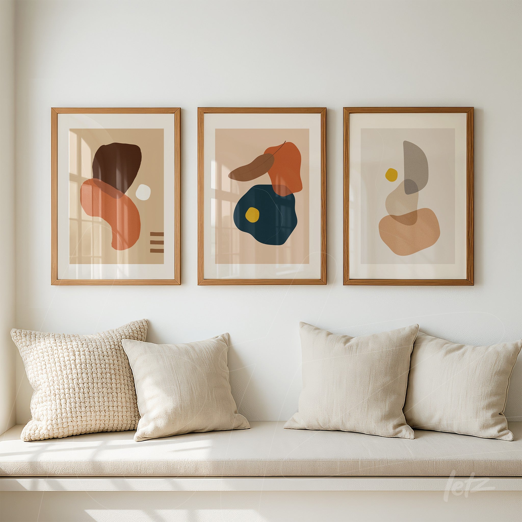 three framed abstract art pieces featuring colorful organic shapes on a light wall