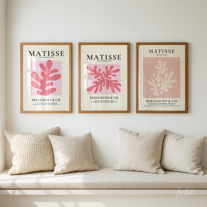 collection of three framed artworks in light wood featuring abstract illustrations in shades of pink and cream with botanical elements