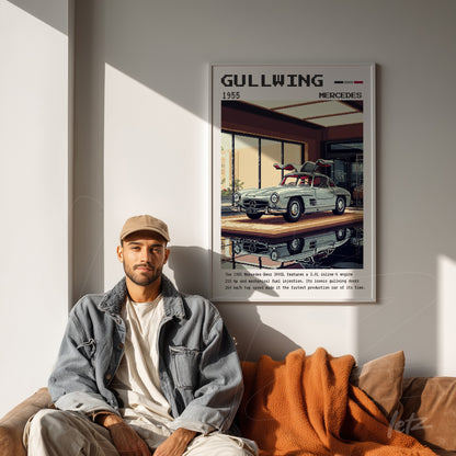 framed digital artwork of 1955 Mercedes Gullwing illustration in white frame displayed on wooden wall