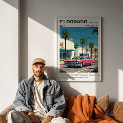 framed digital art of 1959 Cadillac Eldorado in white frame displayed in a modern setting with brown sofa