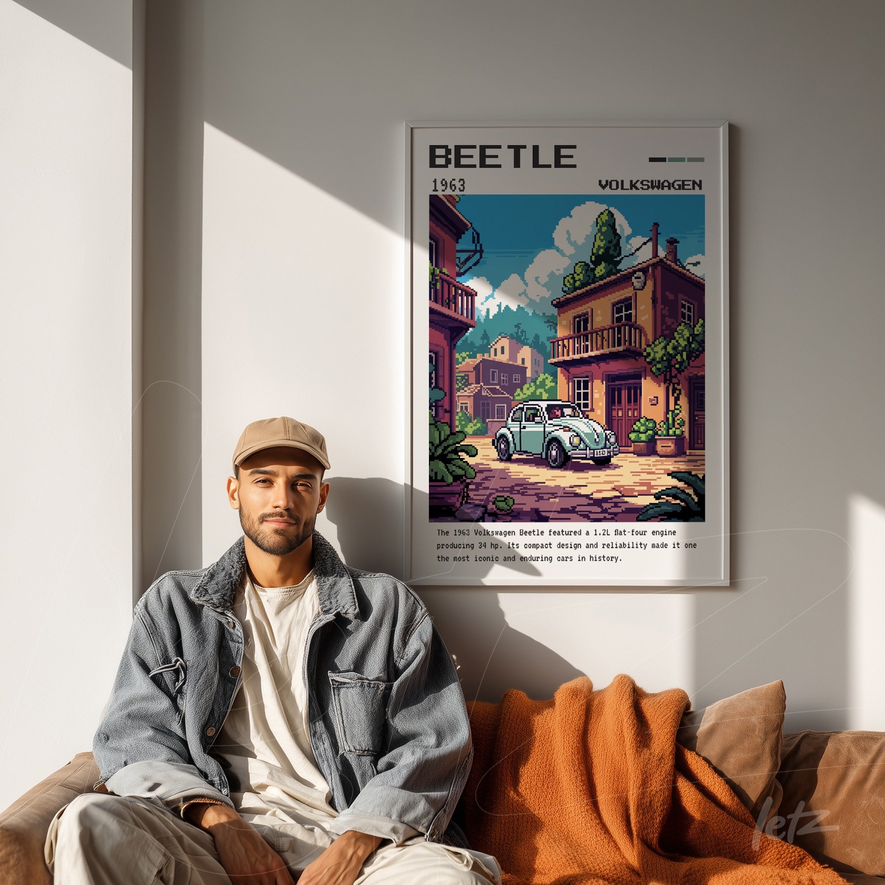 retro style framed art of Volkswagen Beetle in a cozy living space with a white frame