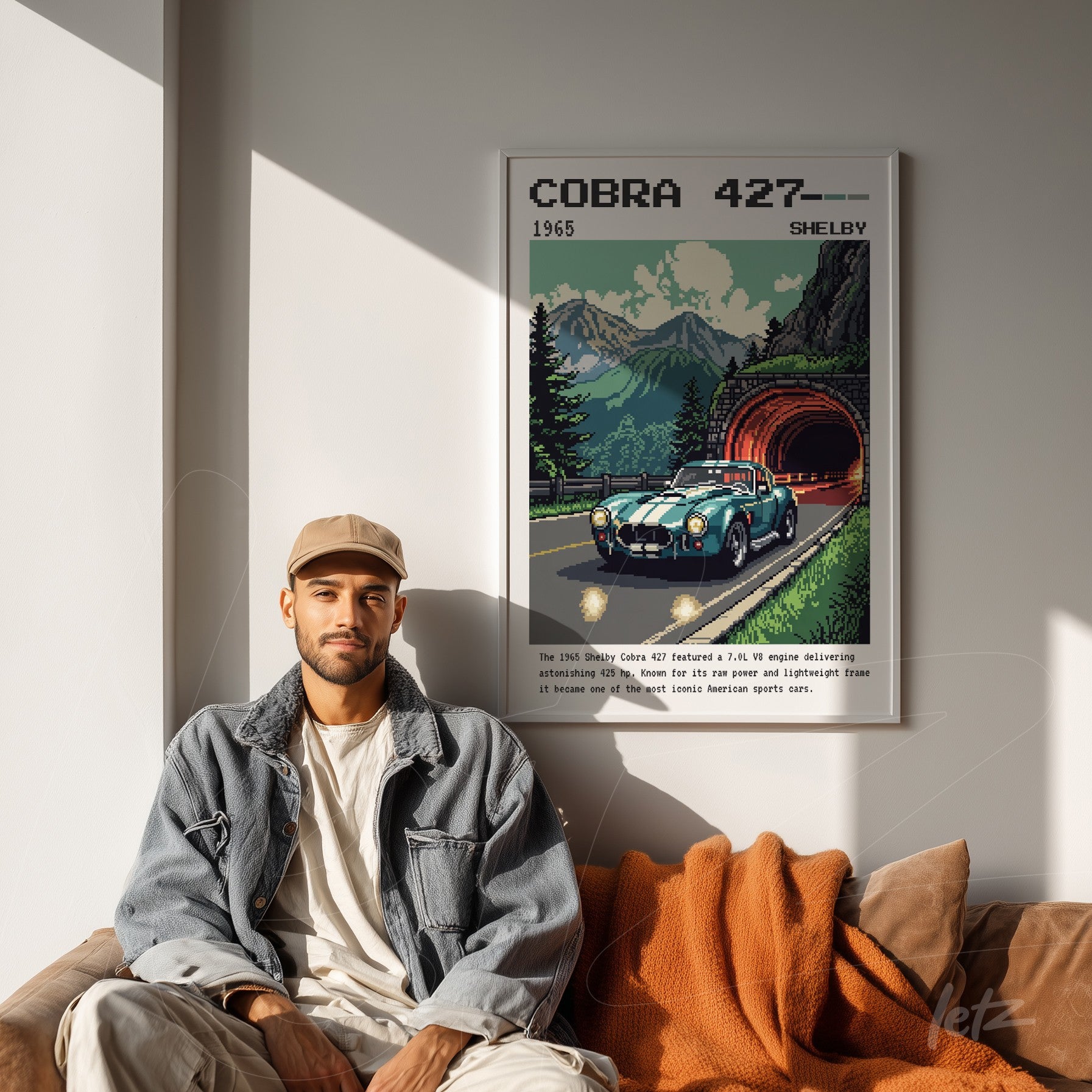 framed retro art of the Shelby Cobra 427 showing a mountain landscape in the background