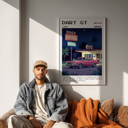 framed artwork featuring a 1968 dodge dart gt illustration in front of a vintage motel with a night scene, displayed on a neutral wall
