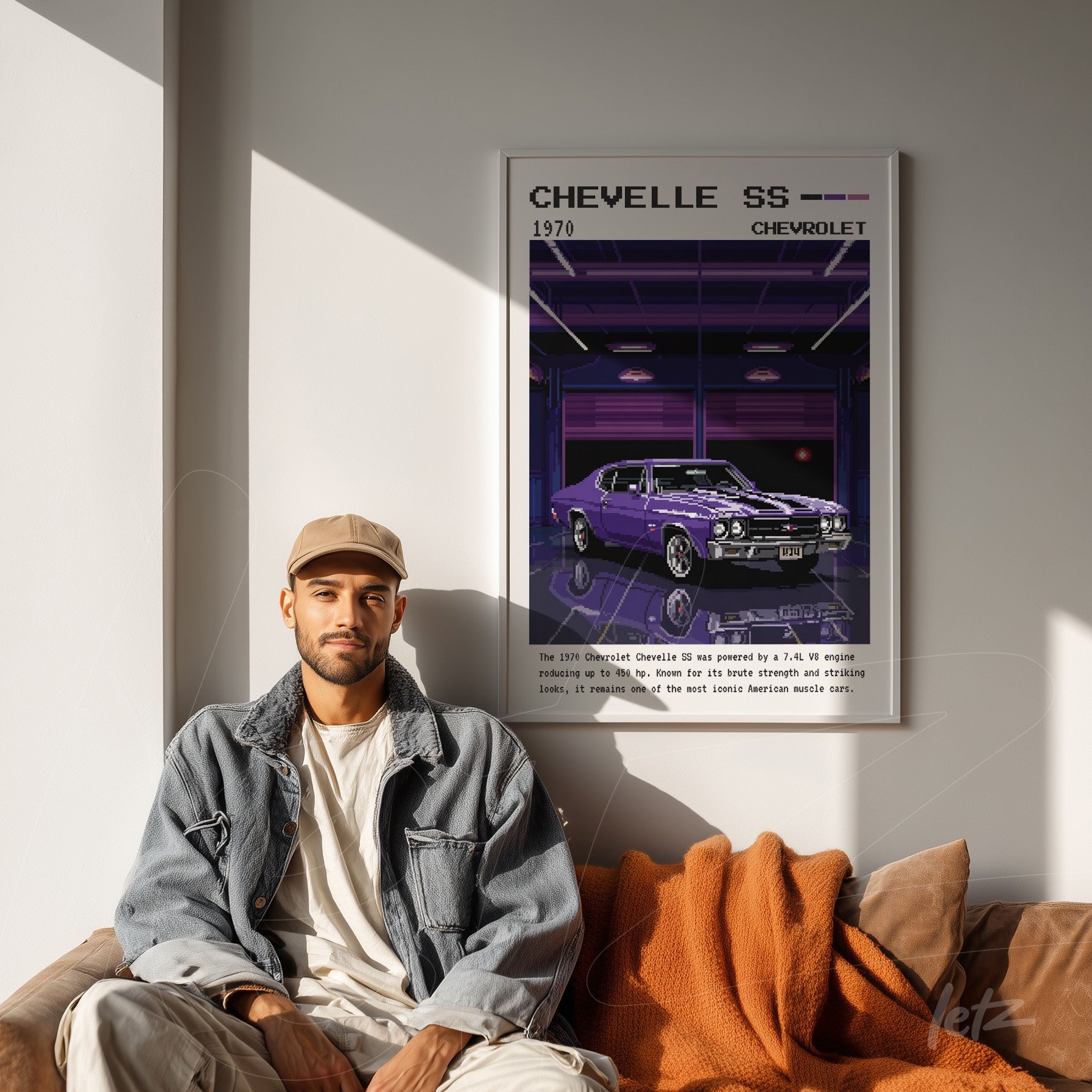 framed wall art featuring a digital illustration of the 1970 Chevrolet Chevelle SS in a modern setting with white frame