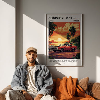 framed retro art of the 1970 Dodge Charger R/T with white frame displayed over a light fabric sofa