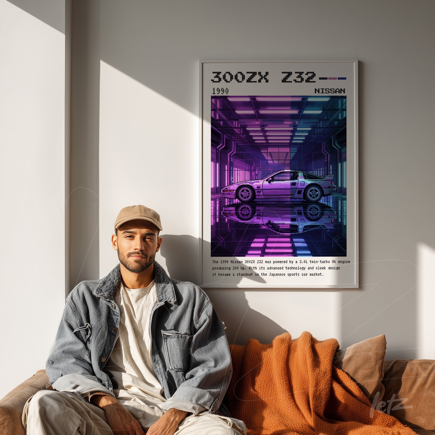 digital wall art of Nissan 300ZX Z32 in white frame showcased in a minimalist setting with couch and blankets