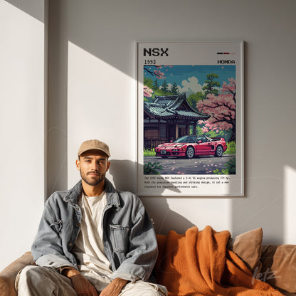 framed retro artwork of Honda NSX in a blooming Japanese landscape