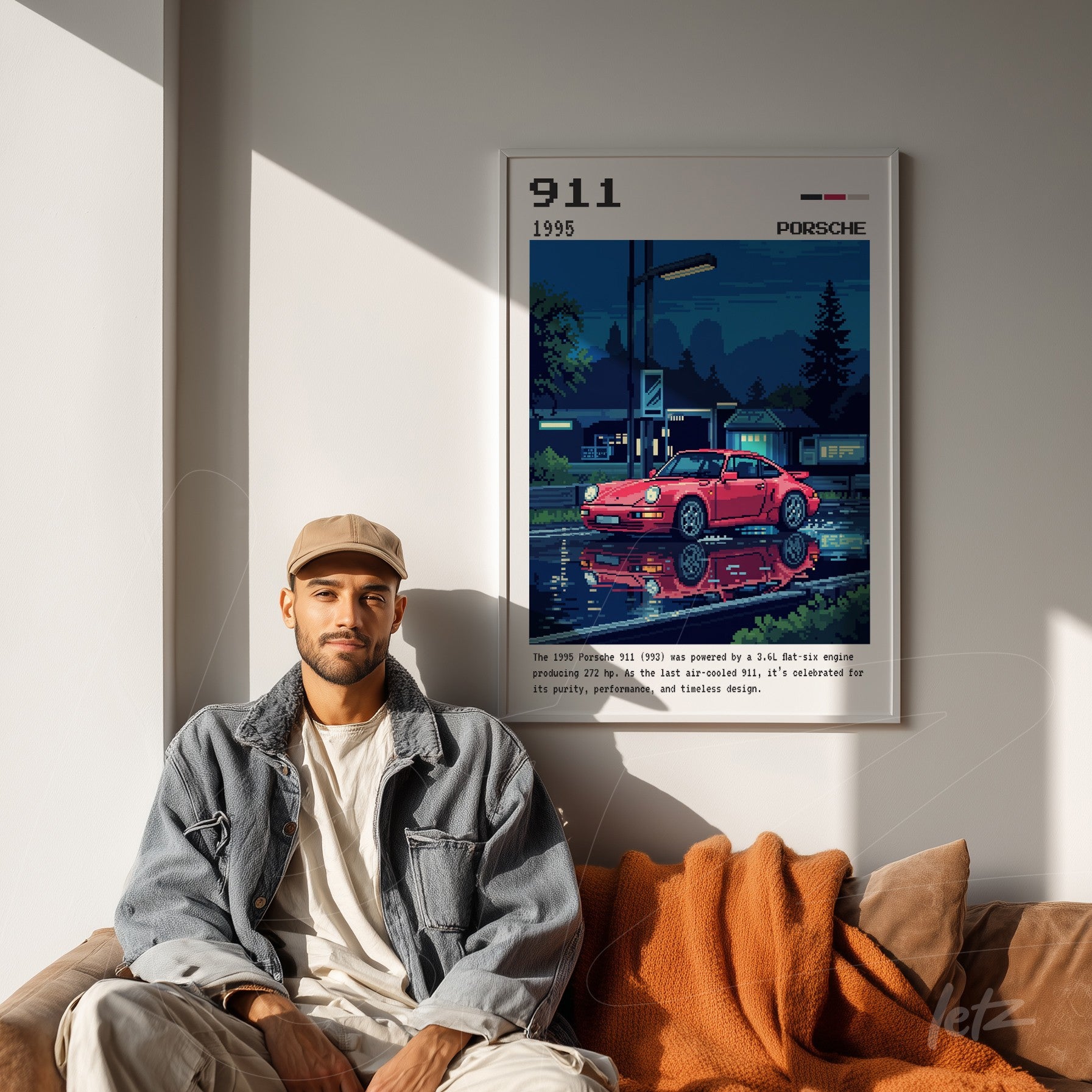 framed digital art of a red Porsche 911 in pixel art style, displayed in a modern setting