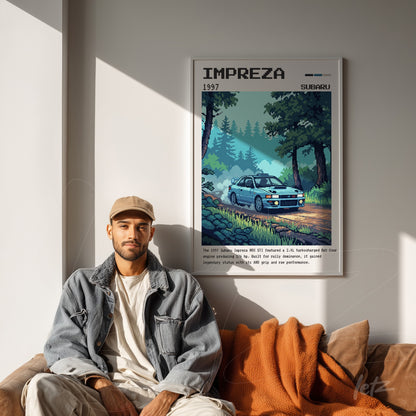 framed pixel art of a 1997 Subaru Impreza in a forest background