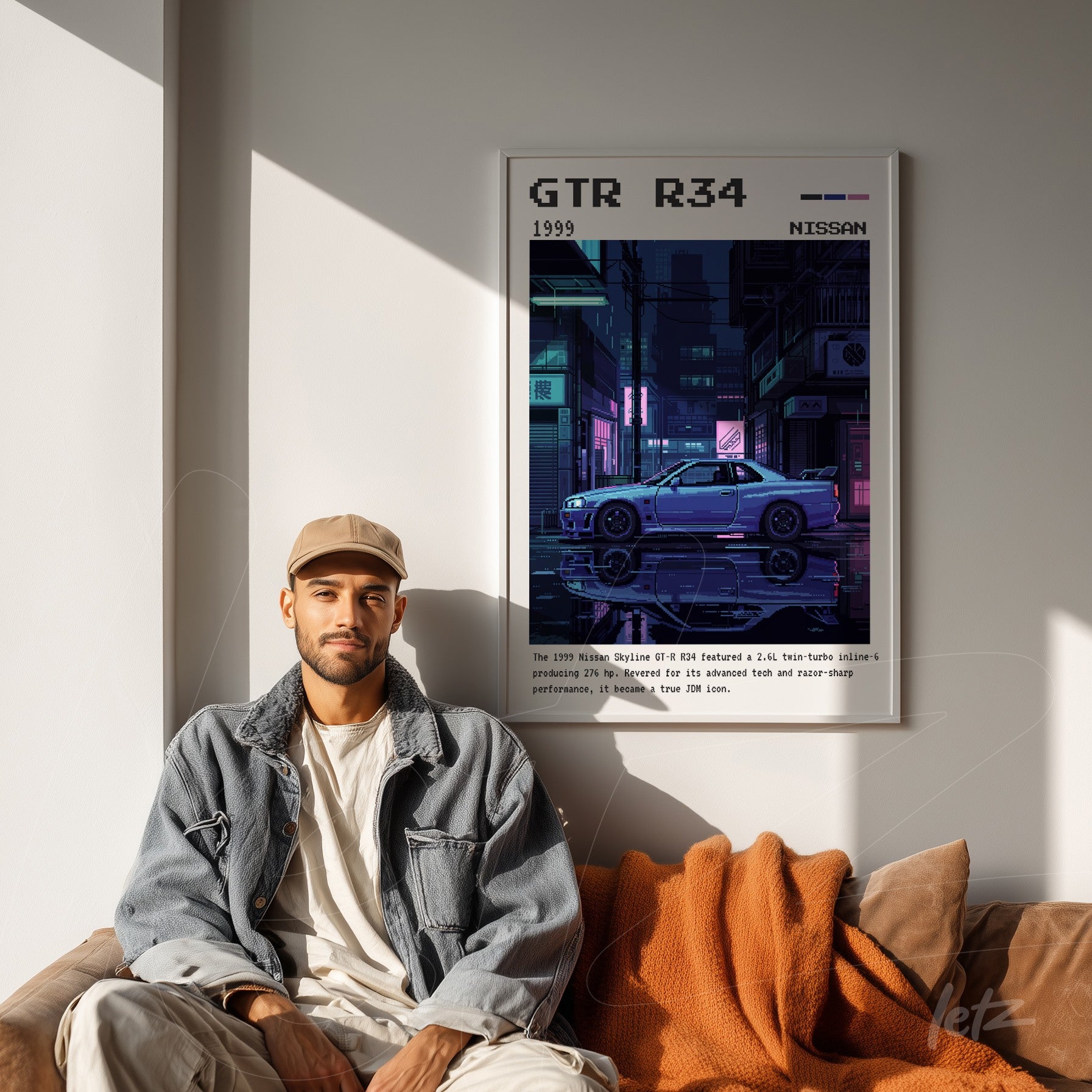 framed artwork featuring a nissan gtr r34 in a nighttime urban scene with neon lighting