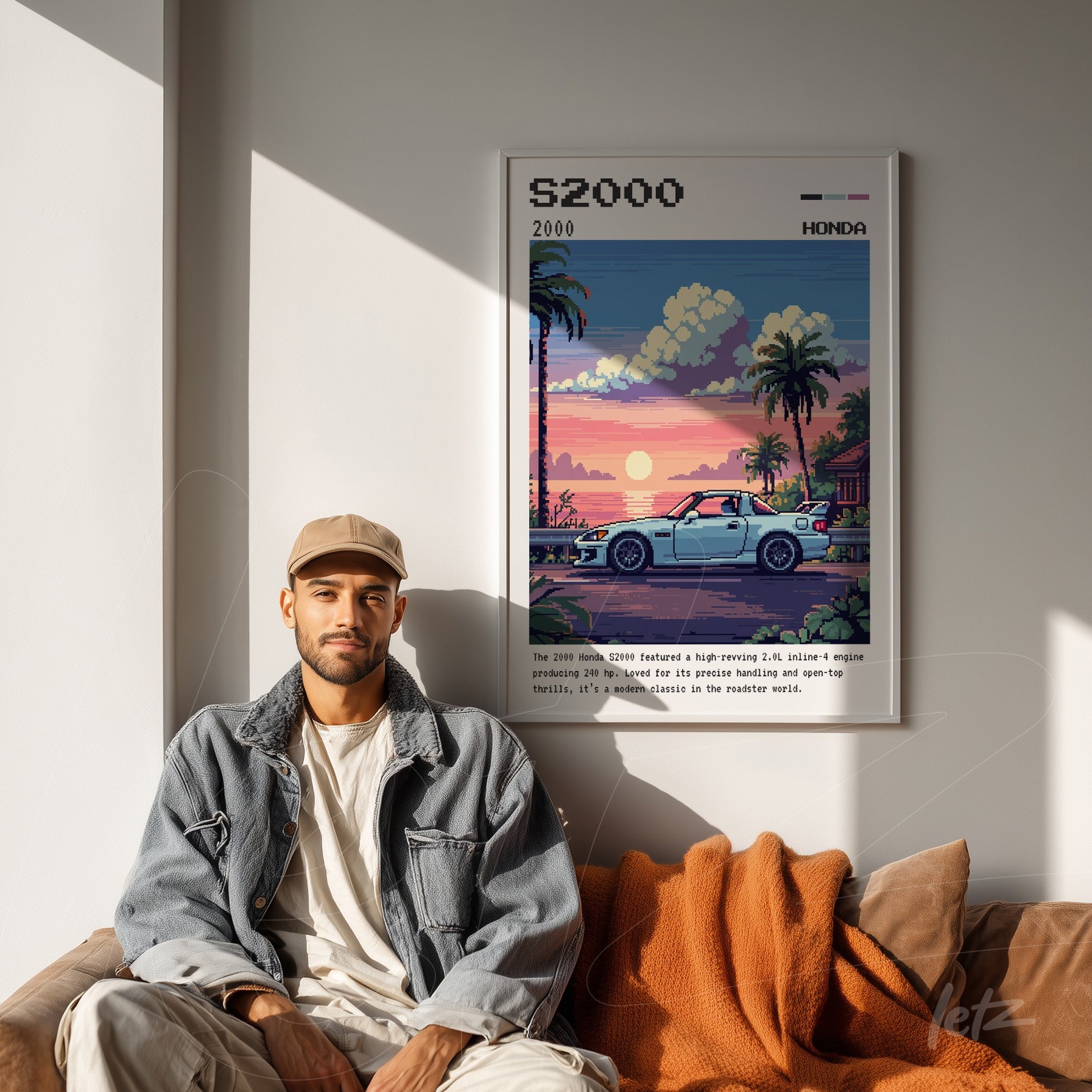 framed artwork featuring pixel art of a sports car with a tropical background and white frame