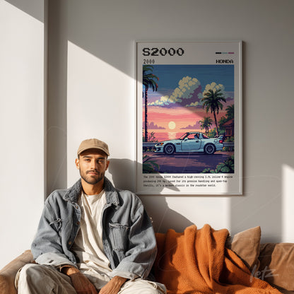 framed artwork featuring pixel art of a sports car with a tropical background and white frame