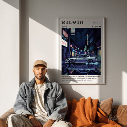 framed digital artwork featuring a nissan silvia in an urban night scene with neon lights and city details in the background
