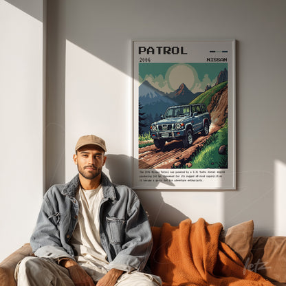 framed wall art featuring a pixelated illustration of a 2006 Nissan Patrol driving through a mountainous landscape