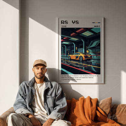 framed retro art print of a 2008 Audi RS8 in a minimalist setting beside a man relaxing on a sofa