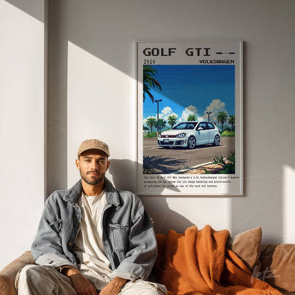 framed retro style digital art of Volkswagen Golf GTI surrounded by palm trees