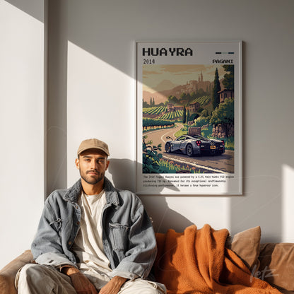 framed wall art featuring digital illustration of Pagani Huayra car in a rural landscape displayed on light wall