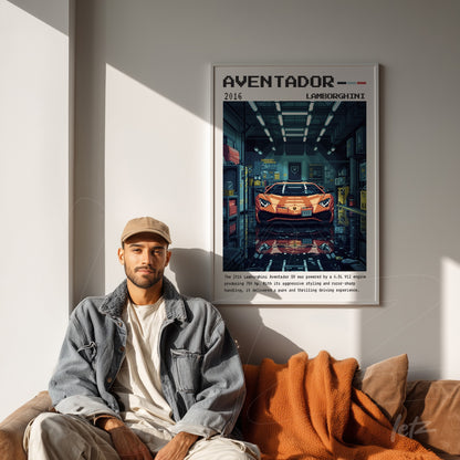 digital artwork of Lamborghini Aventador in white frame displayed on light wall alongside a man