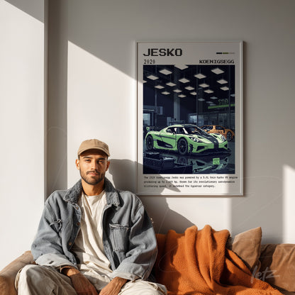framed artwork featuring digital art of the Koenigsegg Jesko in a modern setting with a white frame and light background