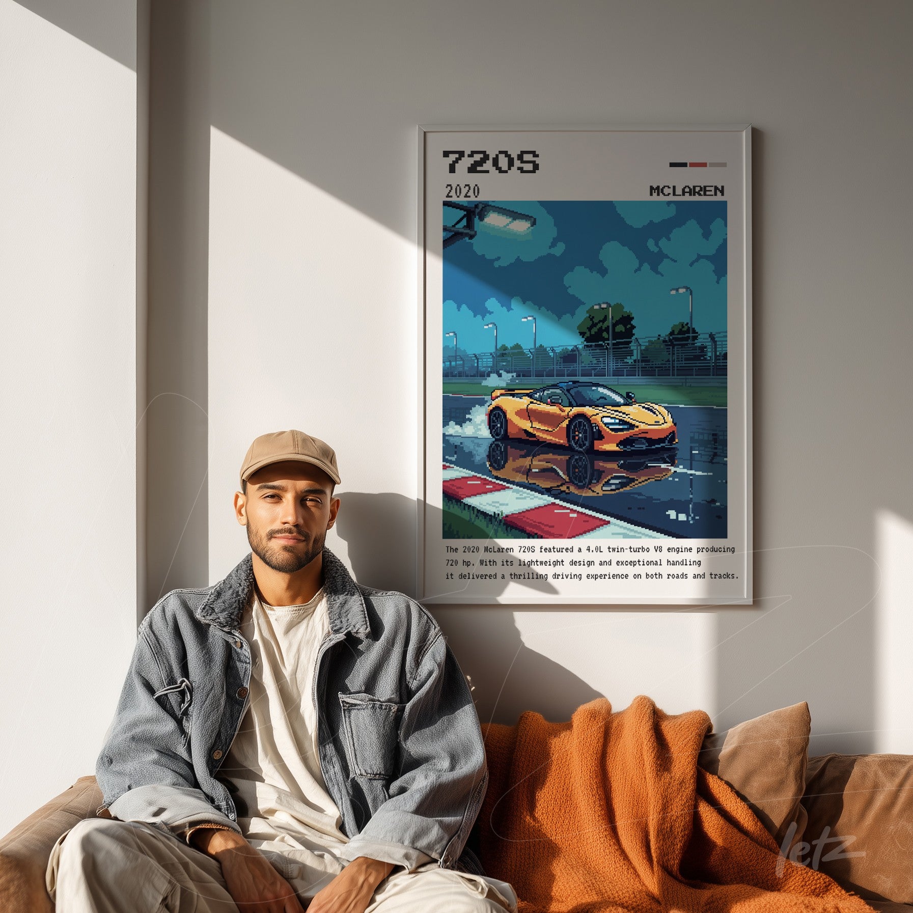 digital artwork featuring an illustration of a McLaren 720S on a race track, framed in white with a blue sky and clouds background