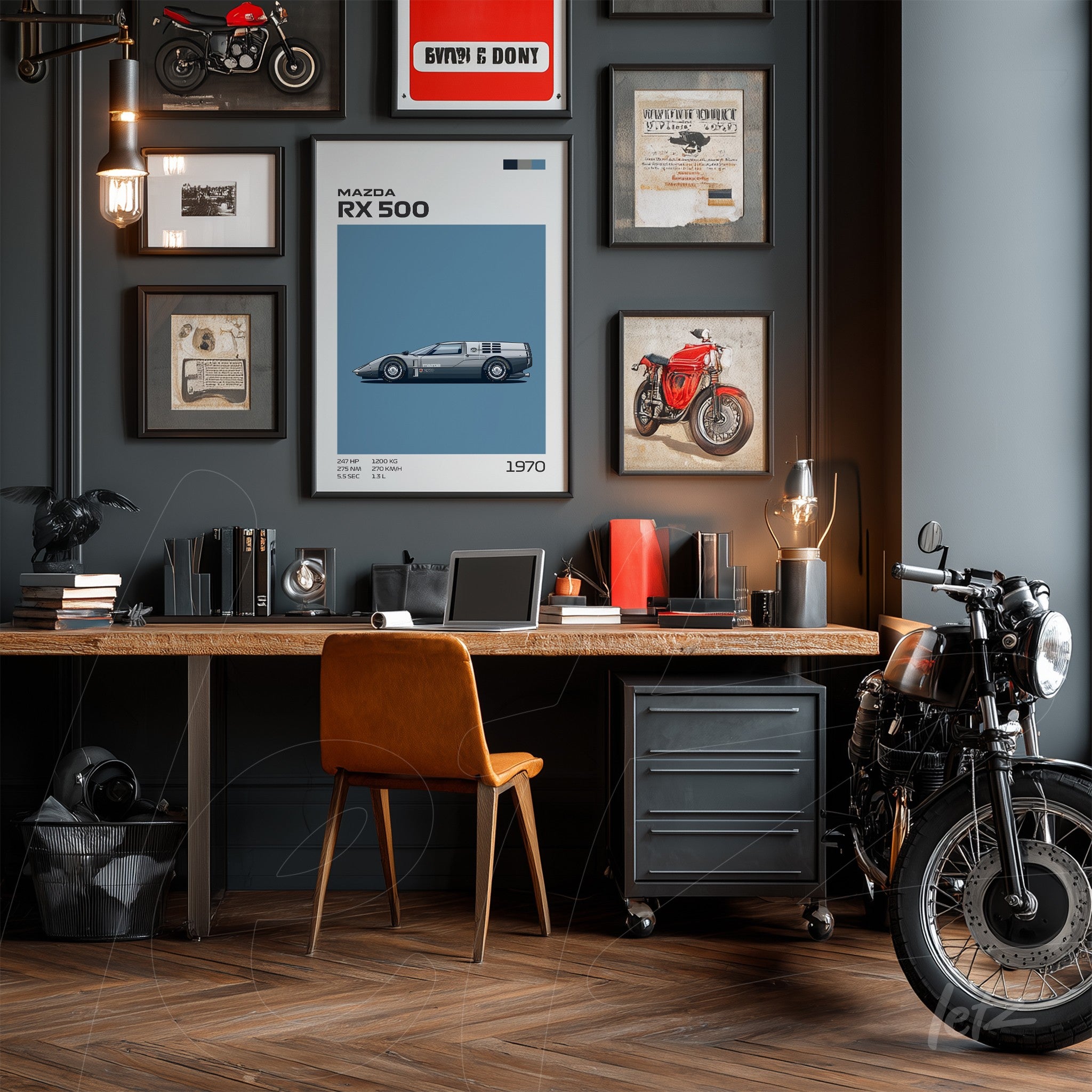 stylish office space featuring vintage motorcycle and car artwork on gray wall, light wood desk with leather chair, soft lighting and office details