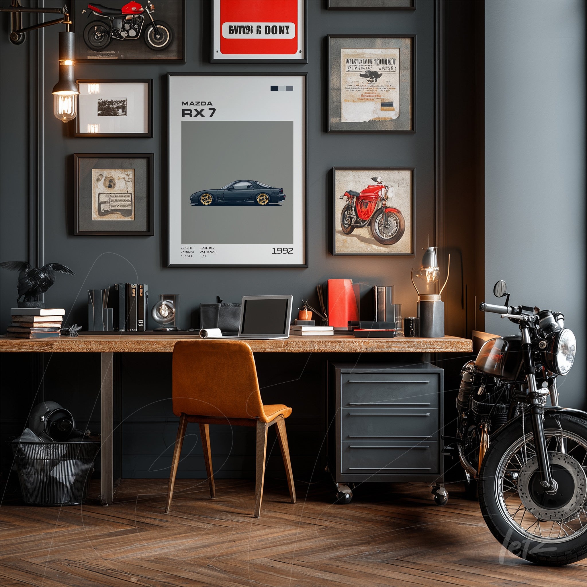 home office with vintage decor showcasing framed art of Mazda RX-7 on gray wall, featuring a light wood desk and orange chair, alongside a classic motorcycle