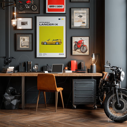 wall art composition in a modern office featuring a mitsubishi lancer ix print prominently displayed, a light wood desk with orange chair, and a black motorcycle next to it