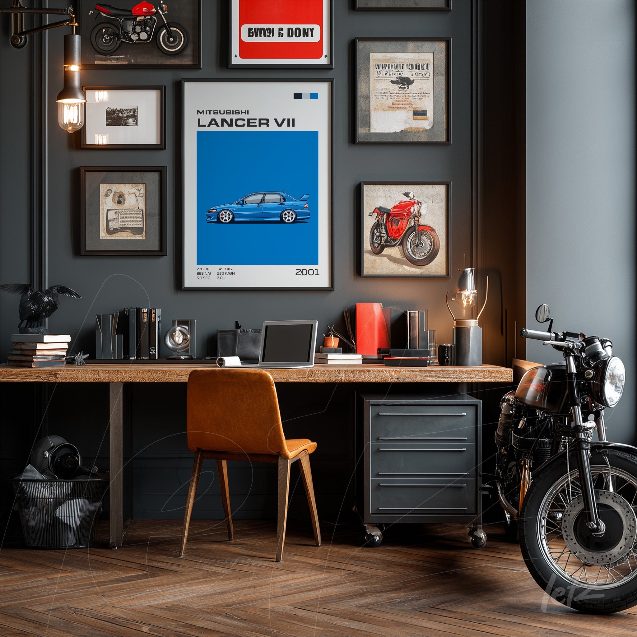 framed wall art of Mitsubishi Lancer VII in blue on gray wall, featuring a wooden desk and motorcycle beside it