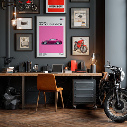 modern office scene with wooden desk, orange leather chair, and wall art including a print of Nissan Skyline GTR from 2007