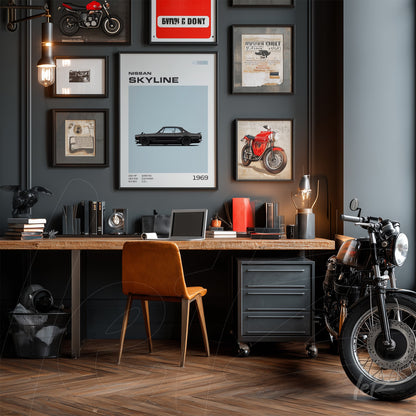 decorative wall art composition in dark room featuring 1969 Nissan Skyline print among vintage motorcycle photographs and memorabilia, light wood desk with brown leather chair