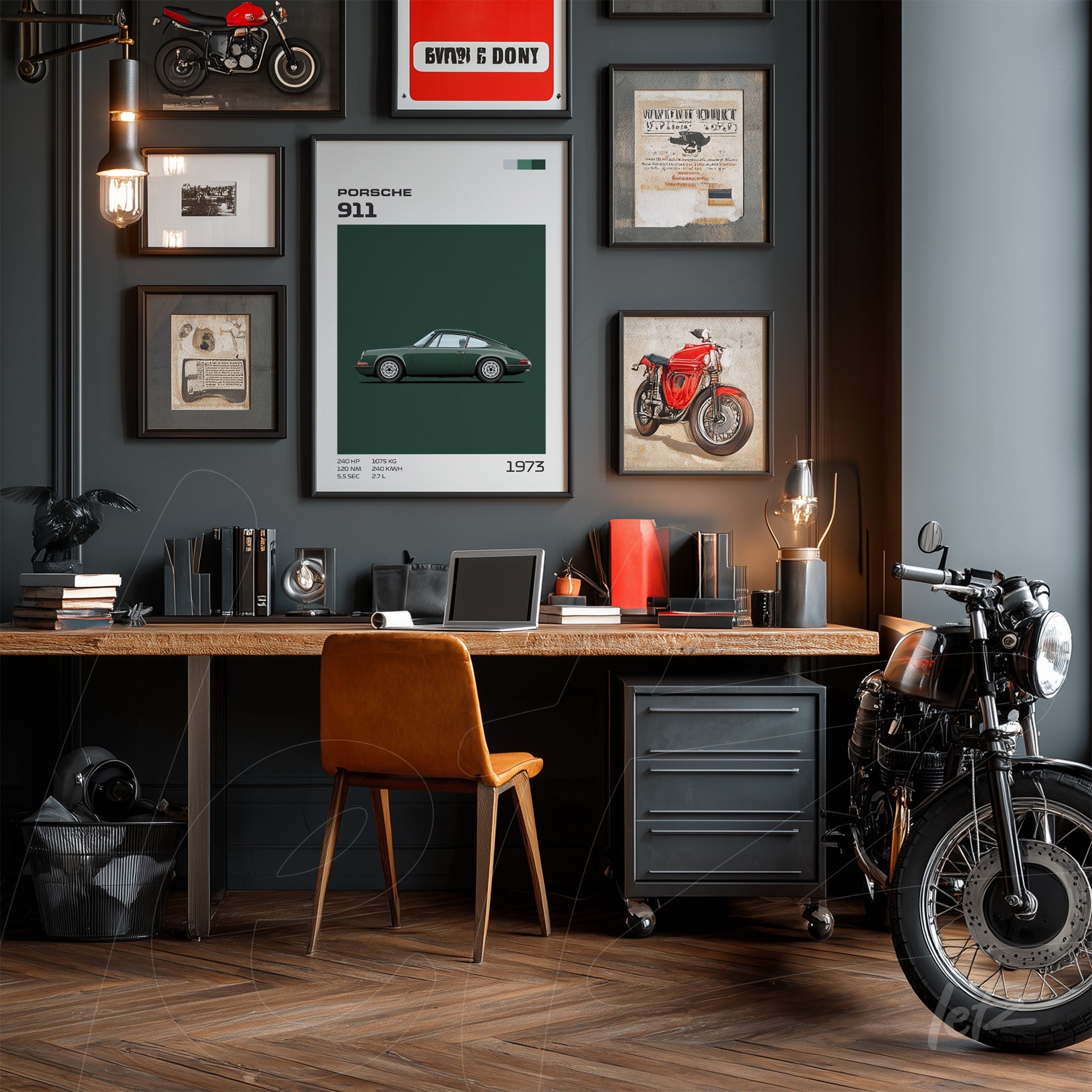 modern office space featuring a wooden desk, orange chair, framed car art, and decorative motorcycle by the side