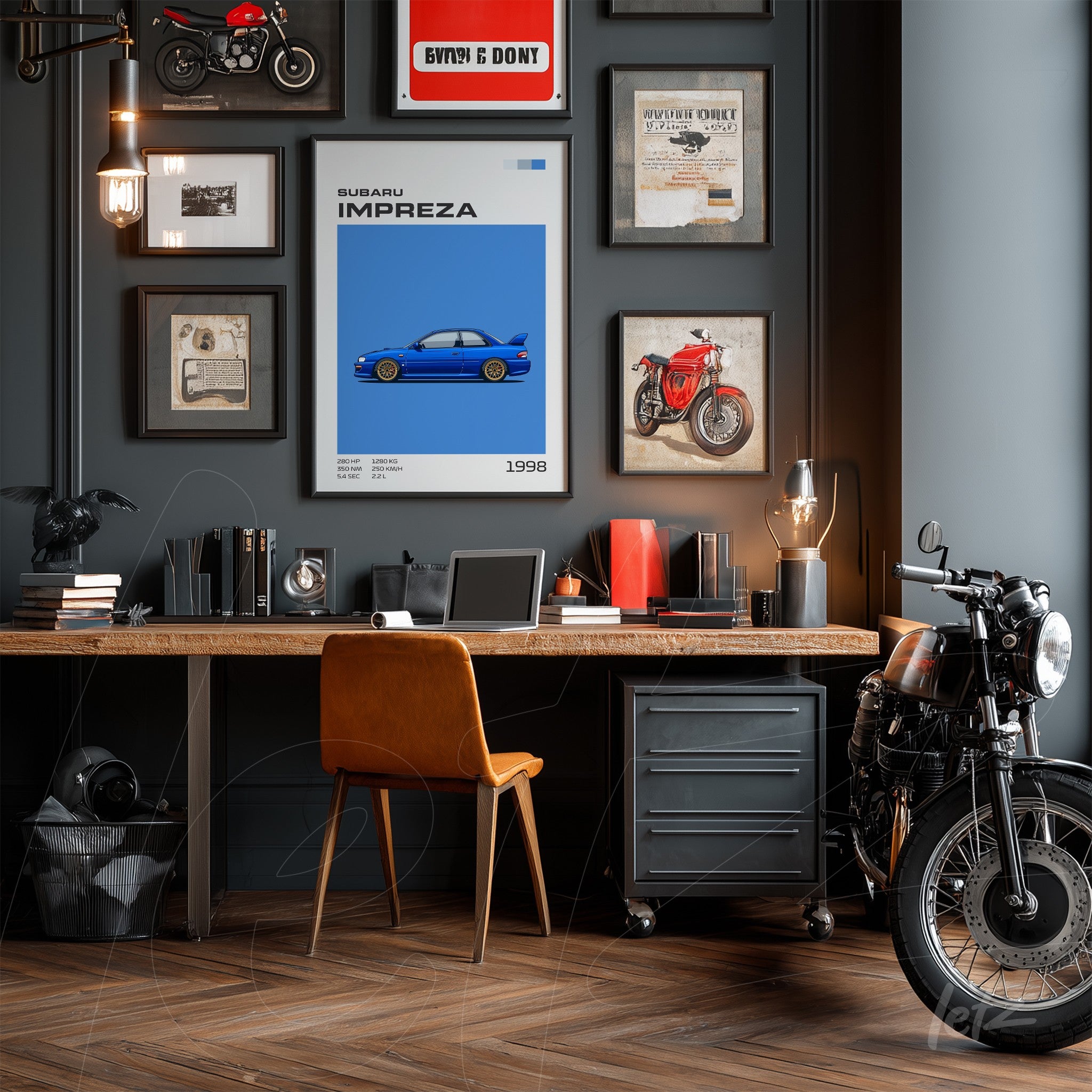 workspace featuring decorative wall art including a subaru impreza print and motorcycle collection, with a light wood desk and leather chair