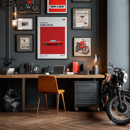 modern office setting with wooden desk, orange chair and dark wall decorated with framed art of cars and motorcycles