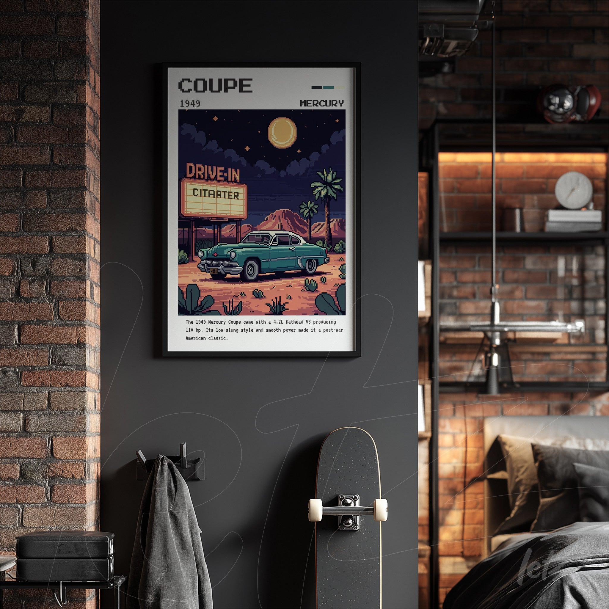retro wall art of a 1949 mercury coupe at a drive-in theater under the moonlight with black frame