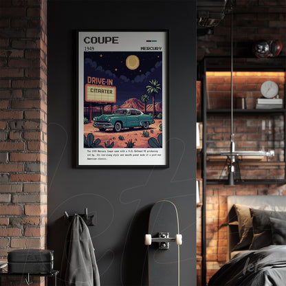retro wall art of a 1949 mercury coupe at a drive-in theater under the moonlight with black frame