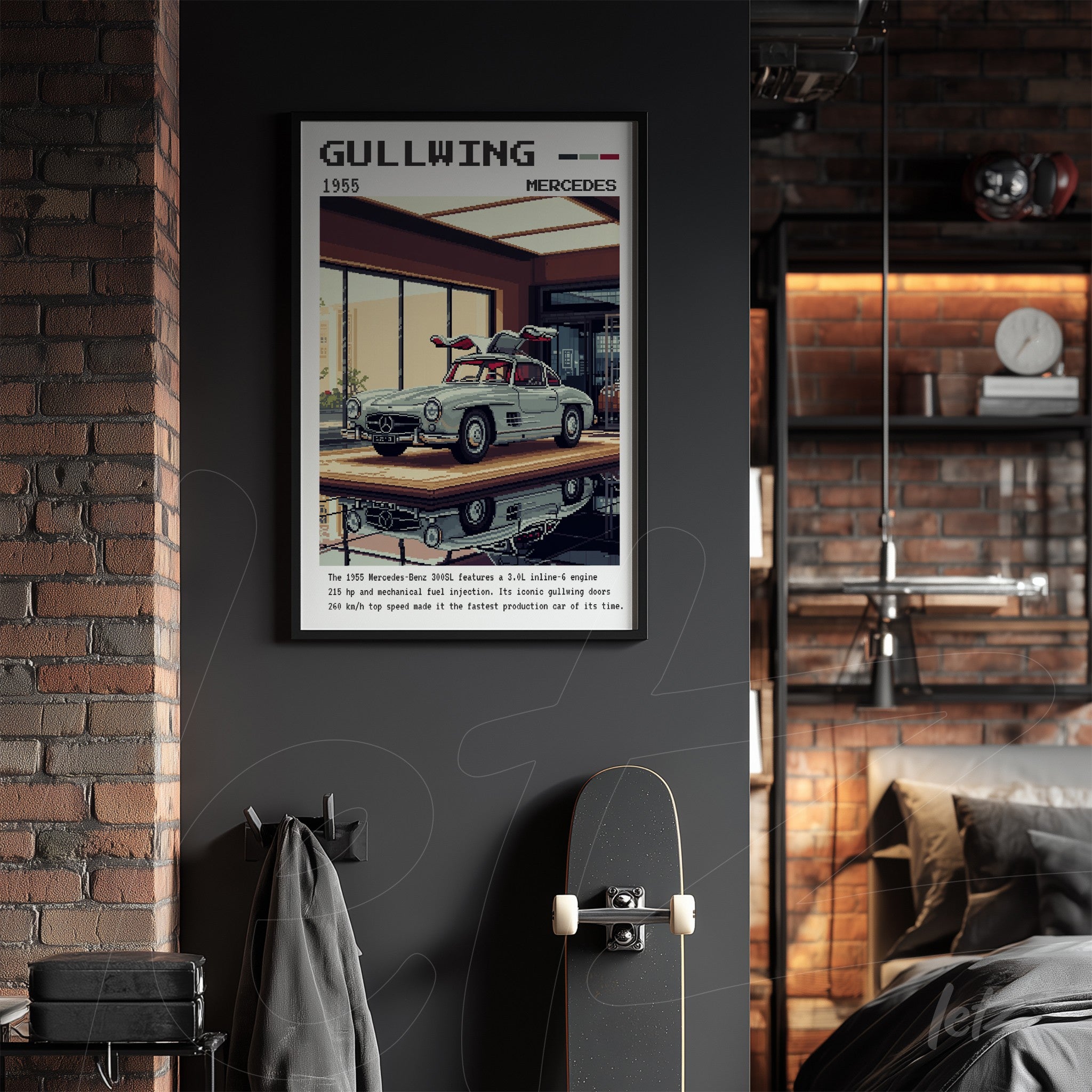 vintage wall art of the 1955 Mercedes Gullwing in black frame on dark wall