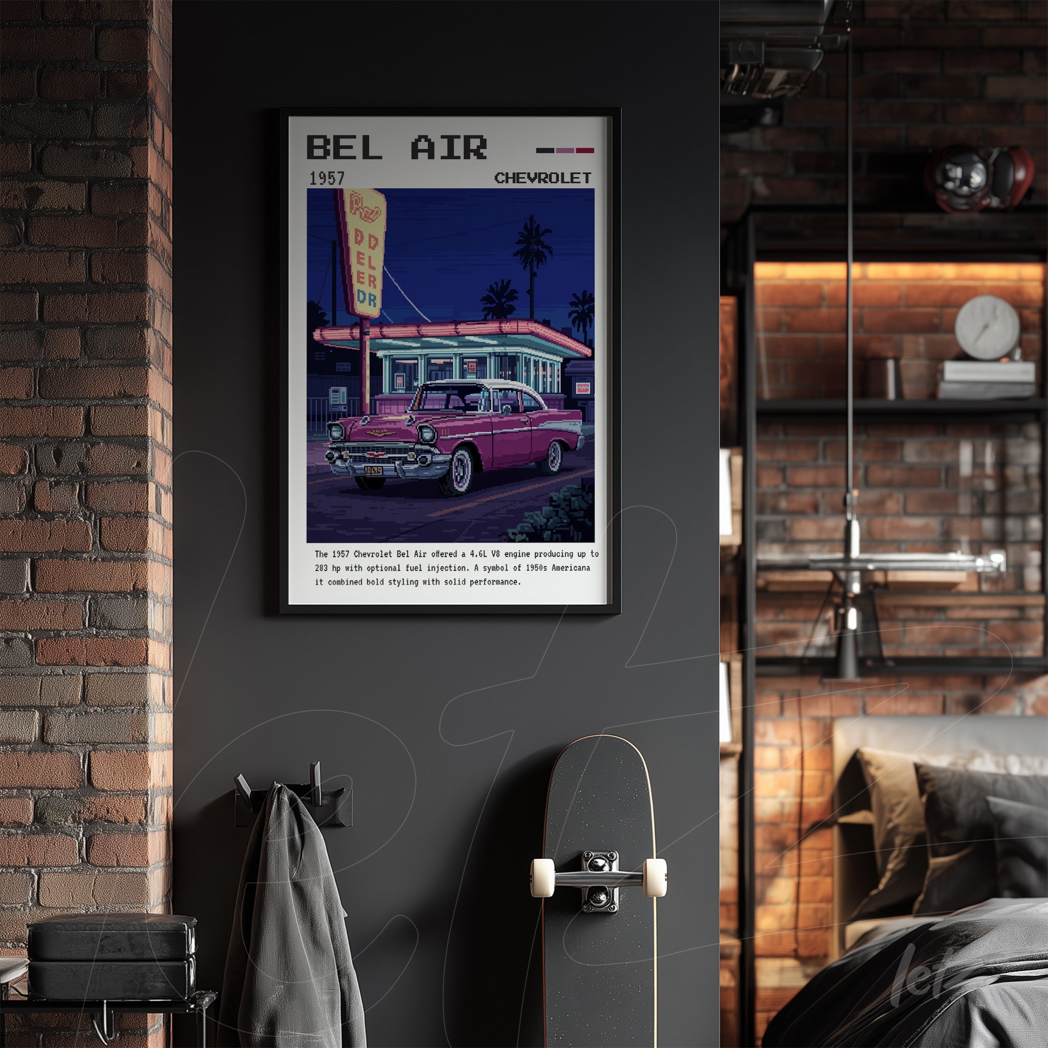 framed retro art of 1957 Chevrolet Bel Air on a black wall in a modern bedroom