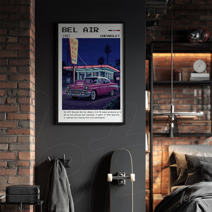 framed retro art of 1957 Chevrolet Bel Air on a black wall in a modern bedroom