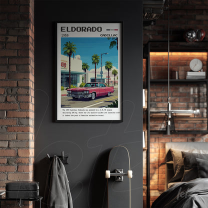 framed retro art of a 1959 Cadillac Eldorado with palm trees and a building in the background