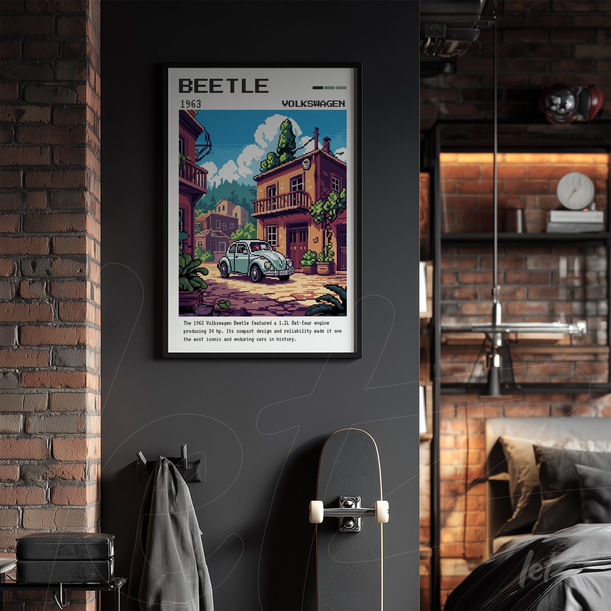 framed vintage art of a Volkswagen Beetle car set against a dark wall in a contemporary space