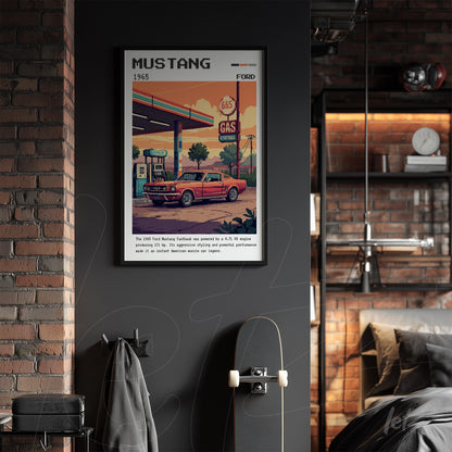 framed wall art featuring retro illustration of a 1965 Ford Mustang at a gas station with black frame against brick wall