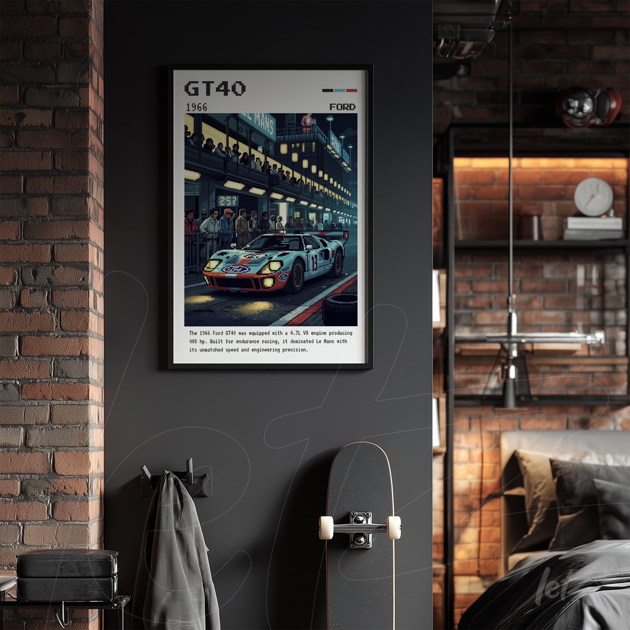 retro style framed art of Ford GT40 race car on exposed brick wall