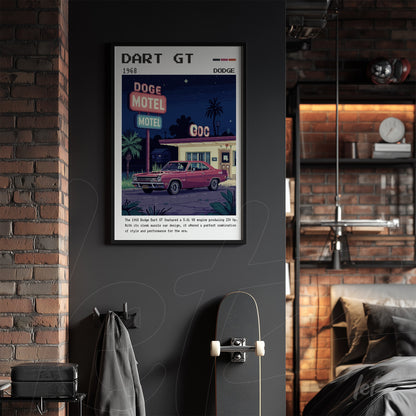 framed retro art of 1968 Dart GT car with black frame on exposed brick wall
